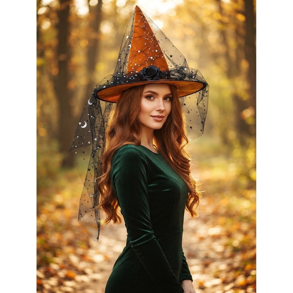 Orange Witch Hat with Black Star Veil and Spiderweb Print Halloween Accessory